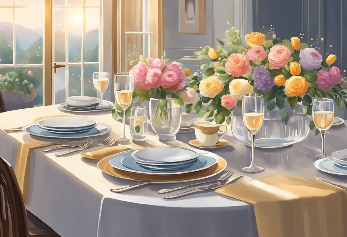 A beautifully set table with elegant dinnerware, sparkling glassware, and fresh flowers. Soft lighting and a cozy ambiance create the perfect setting for a delightful dining experience