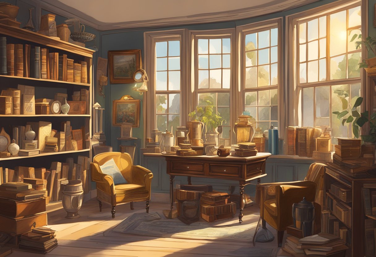 An antique shop filled with vintage furniture, old books, and delicate trinkets. Sunlight streams through the dusty windows, casting a warm glow over the eclectic treasures