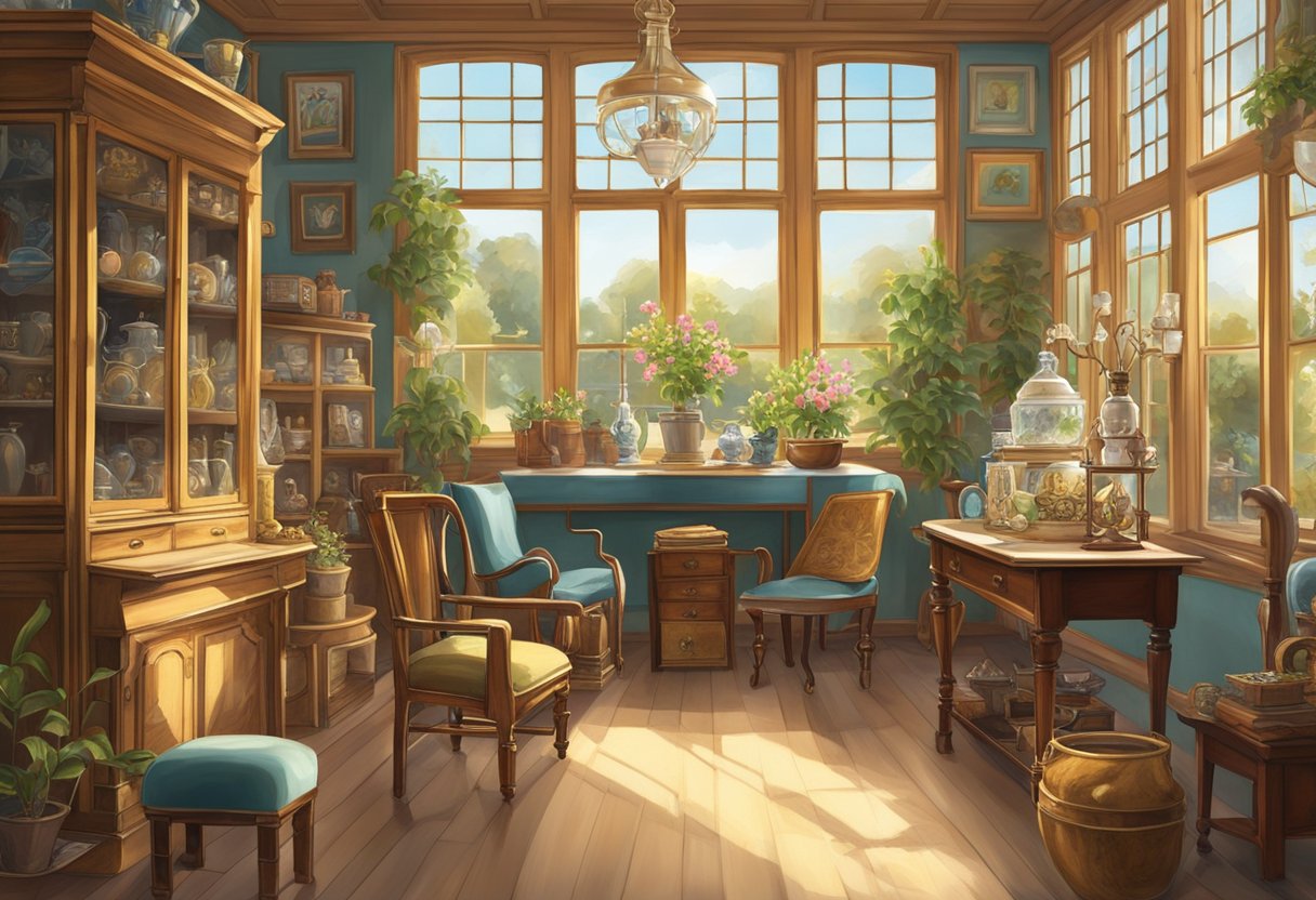 The antique shop is filled with vintage furniture, delicate china, and ornate trinkets. Sunlight streams through the windows, casting a warm glow over the eclectic collection