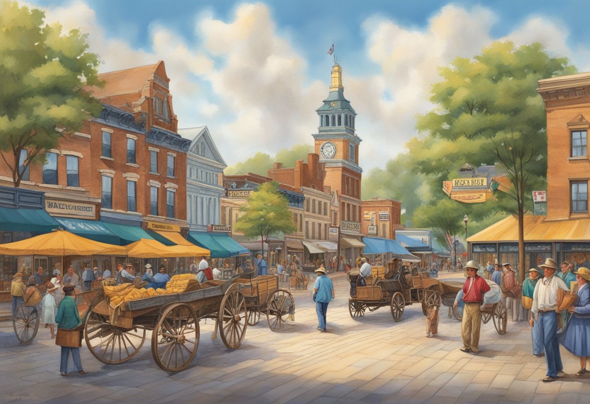 The bustling town square of Tecumseh, filled with historic landmarks and vibrant activities, captures the essence of its rich historical significance