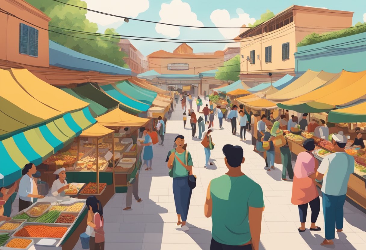 A bustling outdoor market with colorful food stalls and people enjoying a variety of international cuisines. Tables are filled with laughter and conversation