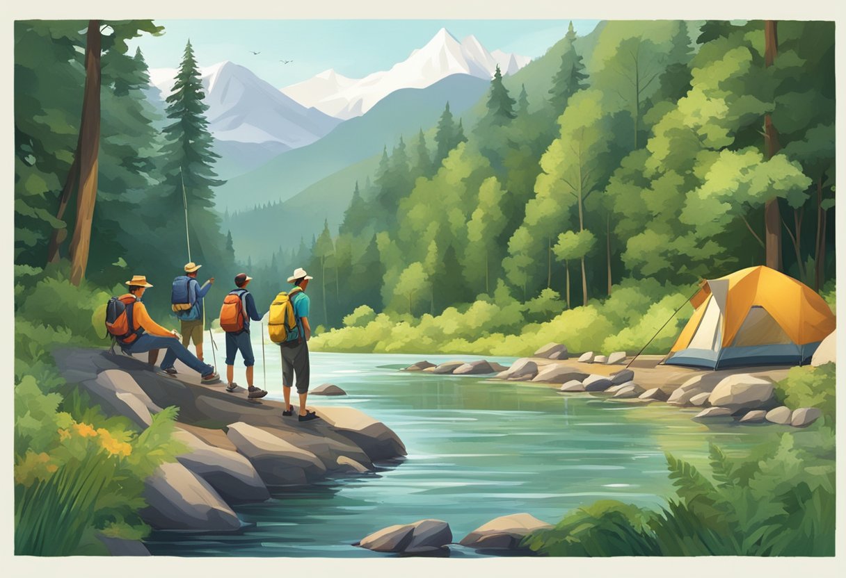 People enjoying fishing, hiking, and camping in a lush forest near a flowing river with mountains in the background