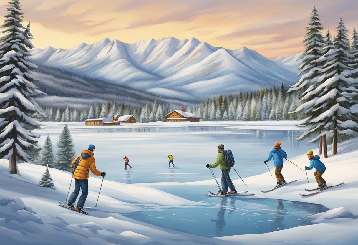 People skiing, snowshoeing, and ice skating on a frozen lake surrounded by snow-covered trees and mountains in Tecumseh