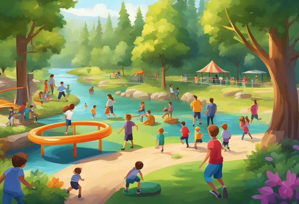 Children playing in a colorful playground, while families picnic and hike in a lush green park surrounded by tall trees and a flowing river