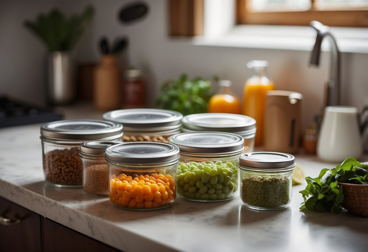 Various containers hold utensils and ingredients on a tidy kitchen counter. Labels and dividers help keep everything in its place