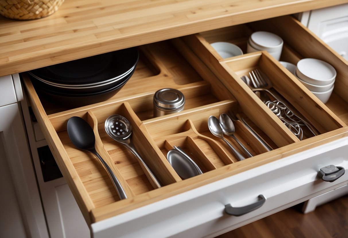 A bamboo drawer organizer expands on a clean kitchen counter. Surrounding it are various kitchen items neatly organized