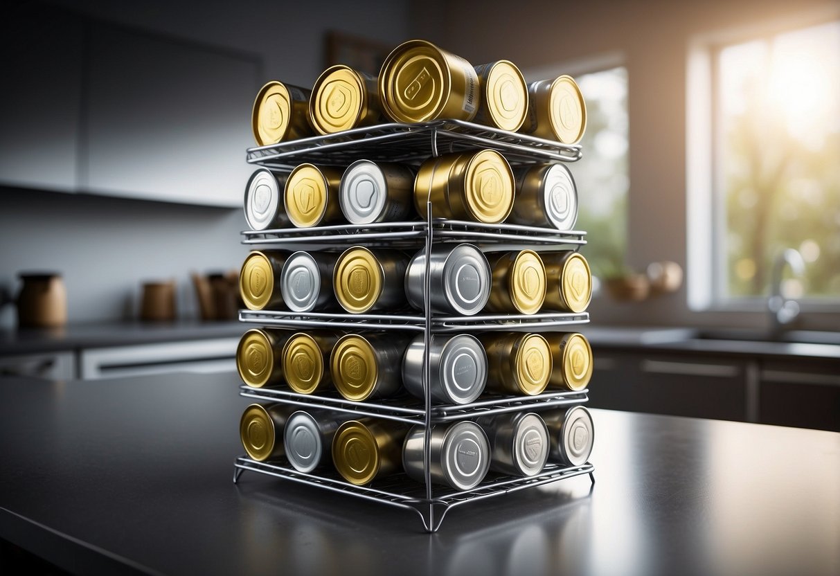 A Stackable Can Rack Organizer neatly arranges cans on a clean kitchen counter. Other organization tools are nearby