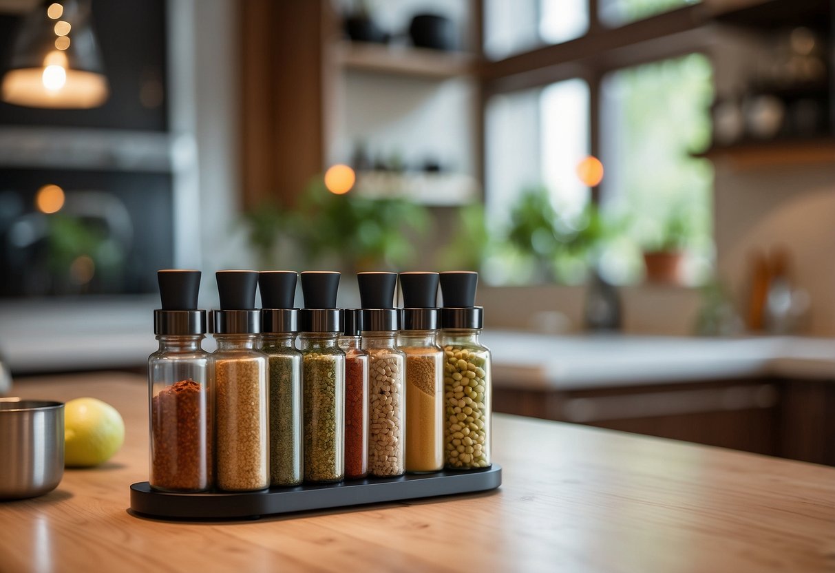 A modern kitchen counter with an adjustable spice rack neatly organized with various spices and herbs, creating a clean and functional space