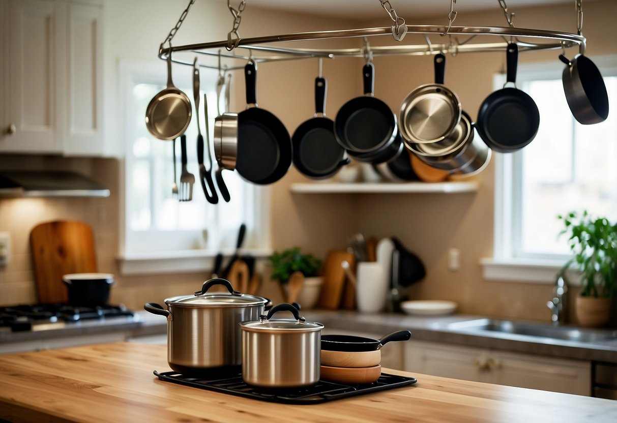 A wall-mounted pot rack holds various pots and pans, neatly organized above a clutter-free kitchen counter