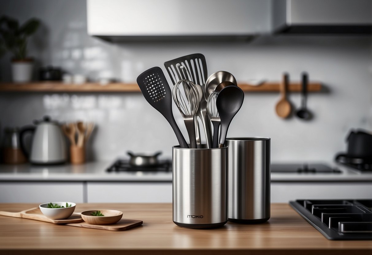 A clean, modern kitchen counter with a sleek utensil holder holding various kitchen tools