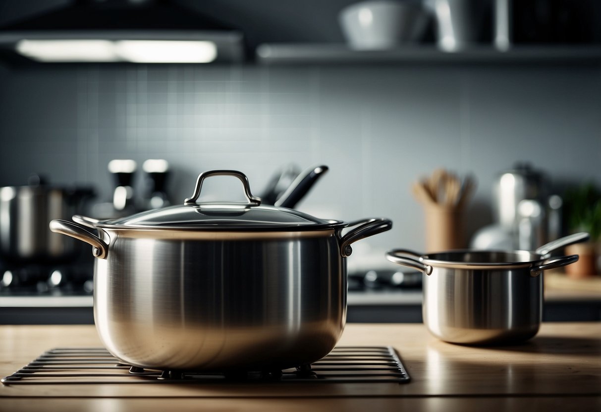 A kitchen counter with various utensils and a clip-on strainer attached to the edge of a pot. Other organization ideas are visible in the background