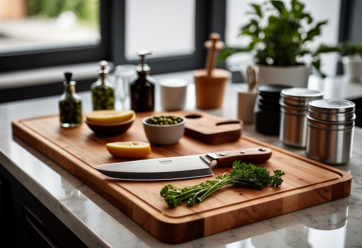 A wooden cutting board sits on a clean countertop, surrounded by neatly organized containers holding various kitchen utensils