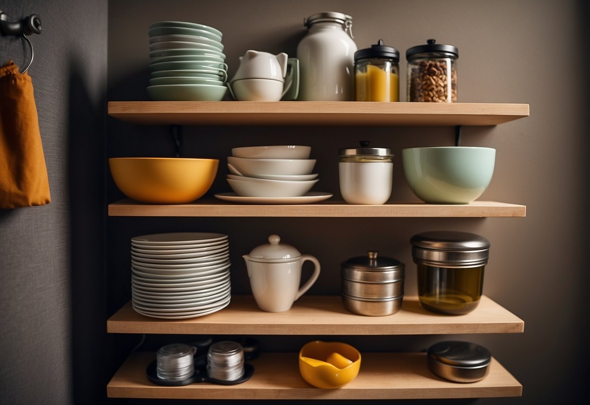 A corner shelf organizer holds neatly arranged kitchen items