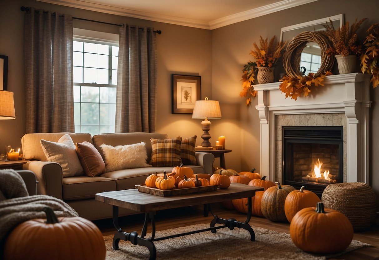 A cozy living room with pumpkins, autumn leaves, and candles on the mantel. A wreath of fall foliage hangs on the wall, and a plaid blanket drapes over the sofa