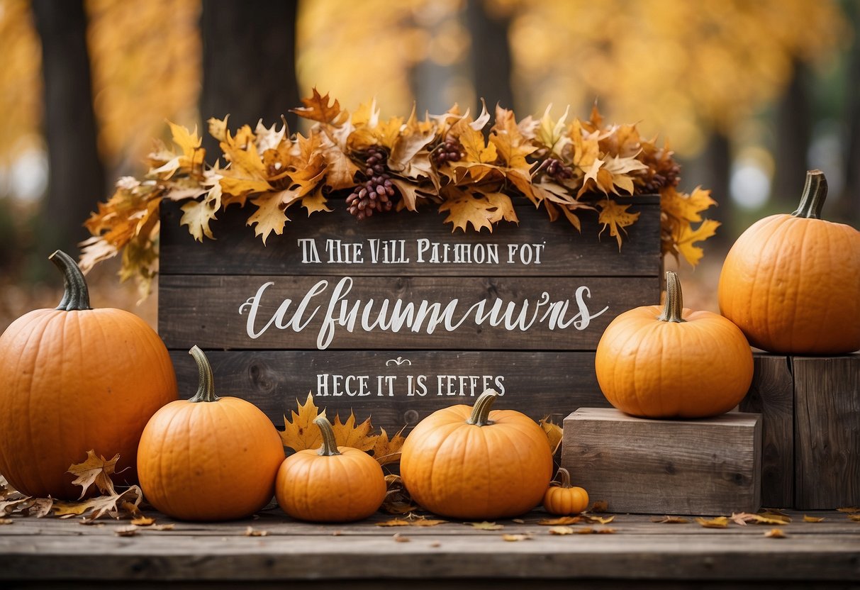 A rustic wooden sign adorned with fall quotes surrounded by autumn leaves and pumpkins