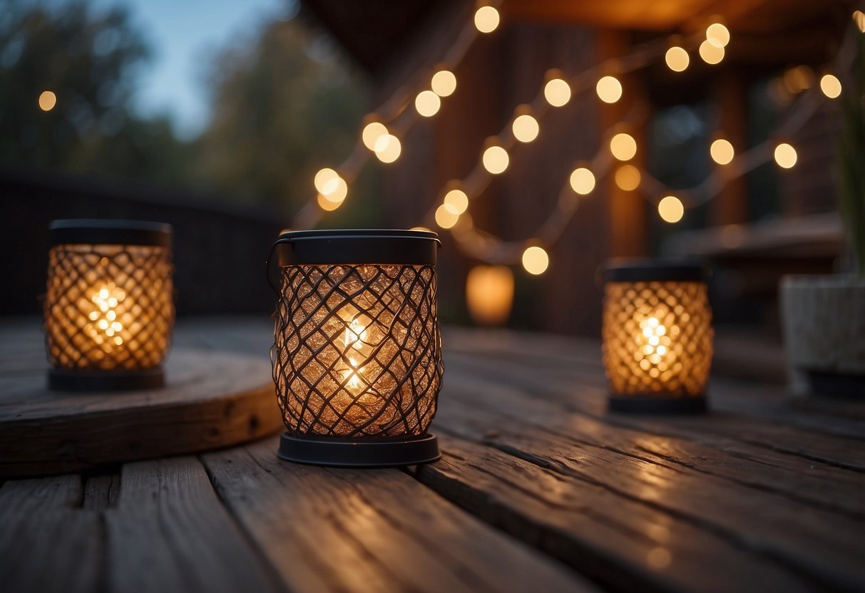 A cozy outdoor patio adorned with acorn string lights, casting a warm glow over a rustic fall decor setup