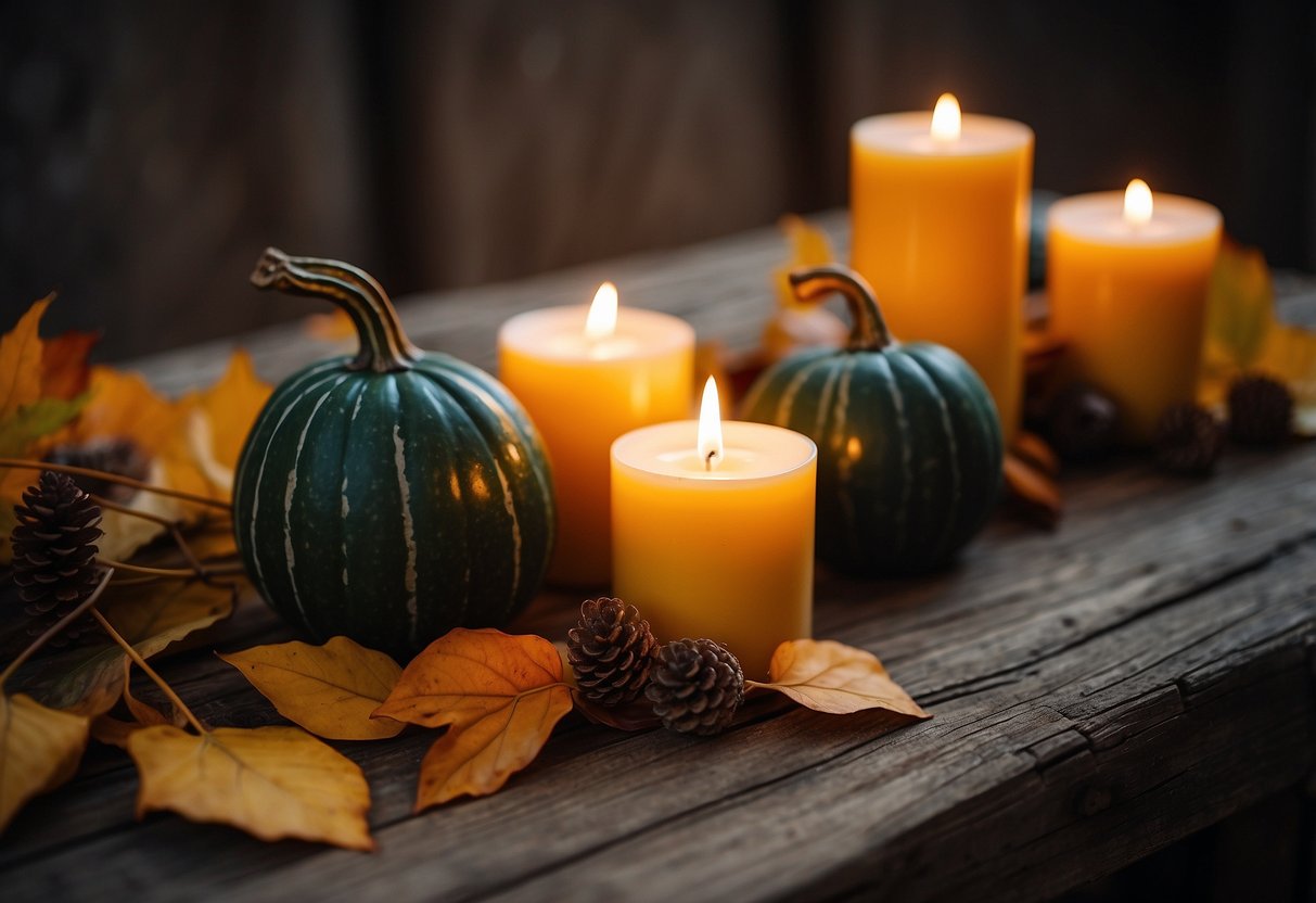 A rustic wooden table adorned with various gourd vases in rich autumn hues, surrounded by scattered leaves and flickering candles