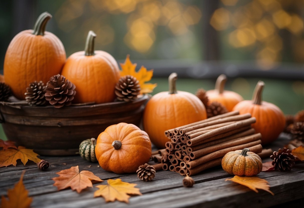 A rustic table adorned with cinnamon stick bundles, pumpkins, and autumn leaves. A cozy and inviting fall decor scene