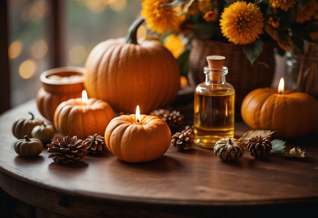 A table with various fall-scented oils and decorative items. Pumpkins, leaves, and warm colors create a cozy atmosphere