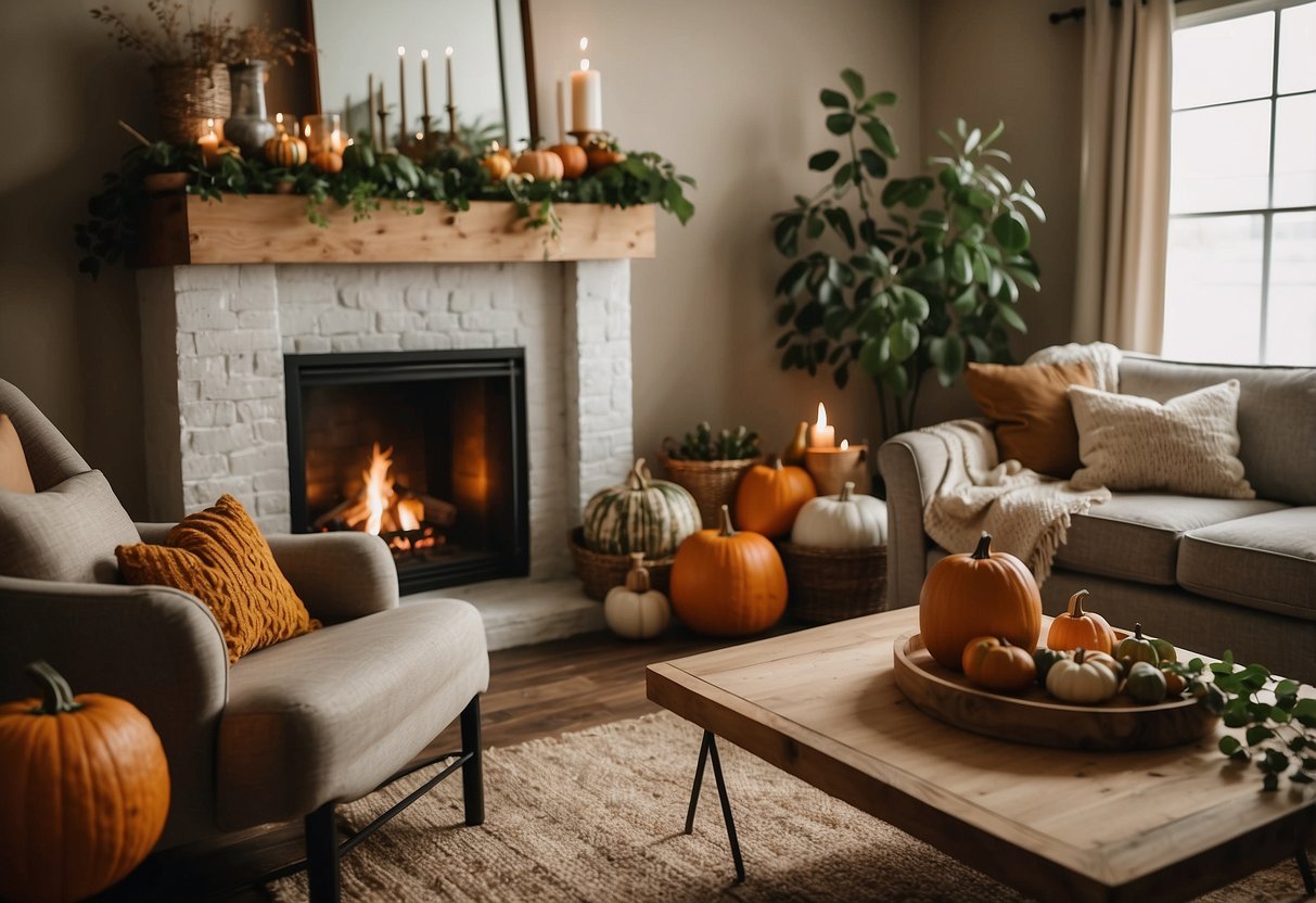 A cozy living room with warm earthy tones, featuring pumpkins, leaves, and rustic accents. A fireplace crackles in the background, casting a warm glow over the space