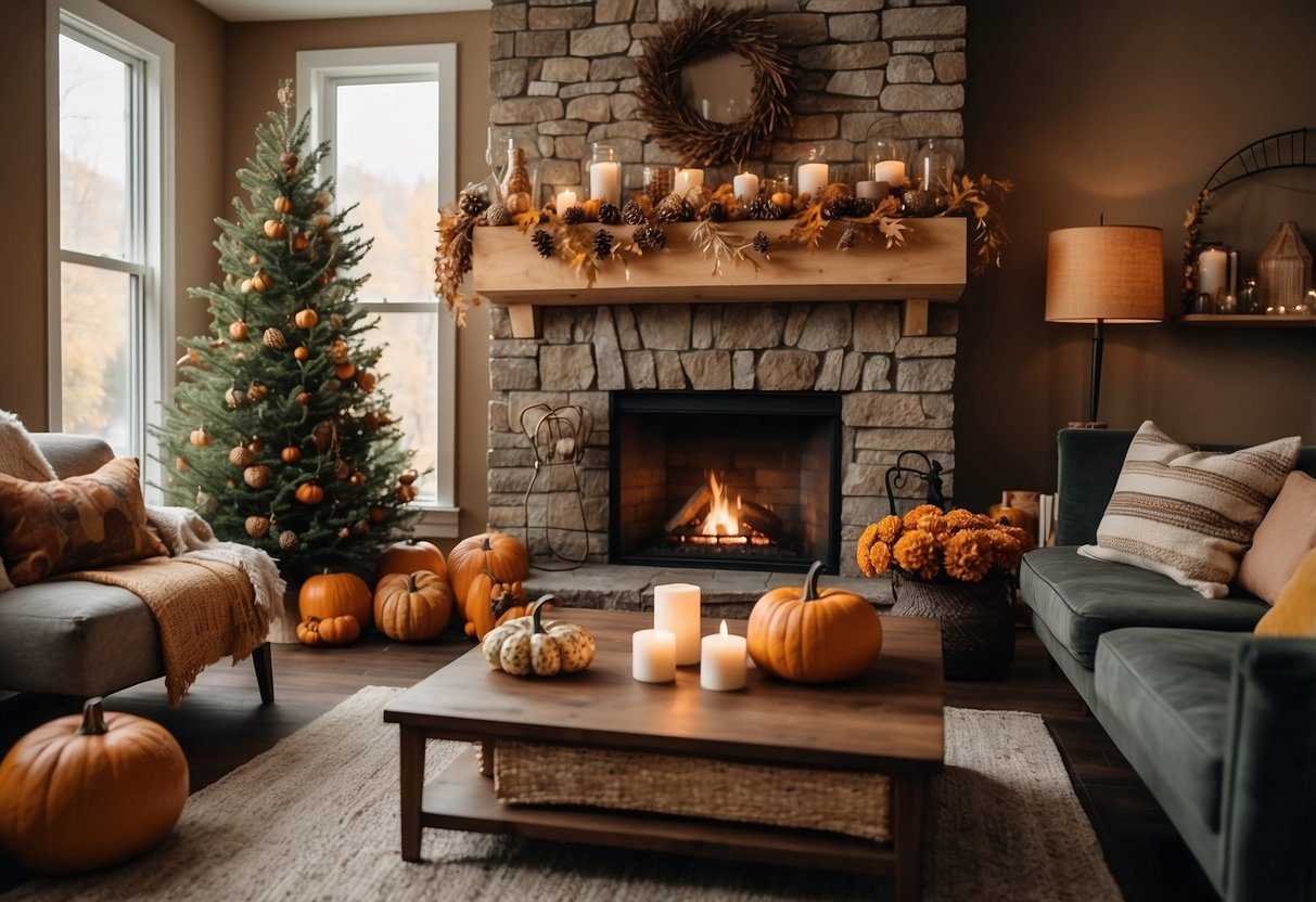 A cozy living room with a fireplace, adorned with autumn leaves, pumpkins, and pinecones. Warm lighting and earthy tones create a welcoming atmosphere