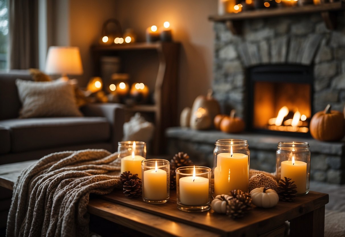 A warm, inviting living room with soft blankets, plush pillows, and autumn-themed decor. A crackling fireplace adds a cozy touch, while warm lighting creates a welcoming atmosphere