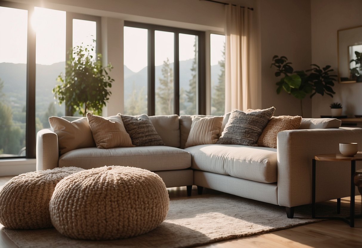 A cozy living room with a bouclé sofa as the centerpiece, surrounded by soft, textured pillows. The room is filled with warm, inviting light, creating a comfortable and welcoming atmosphere