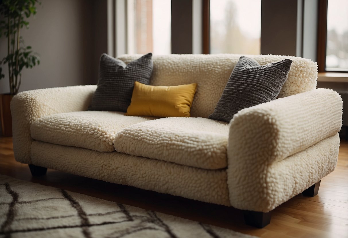 A cozy sofa made of bouclé fabric, with a textured and looped surface, in a warm and inviting living room setting