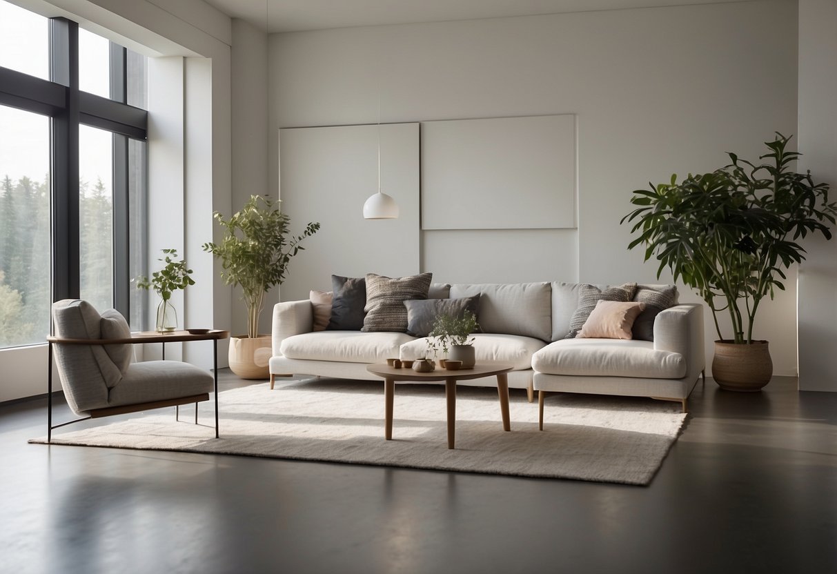 A Bouclé sofa sits as the central piece in a minimalist living room, surrounded by clean lines and natural light