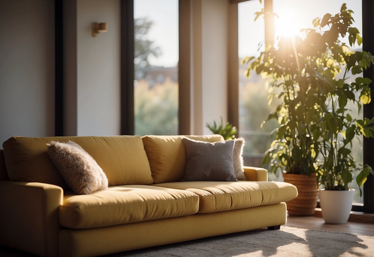 A cozy Bouclé sofa sits in a sunlit living room, inviting relaxation and comfort