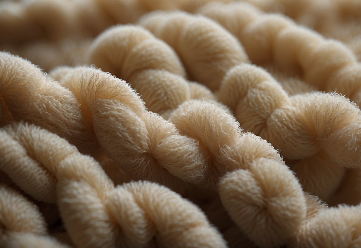 A close-up of bouclé fabric texture with intricate loops and a soft, fuzzy appearance