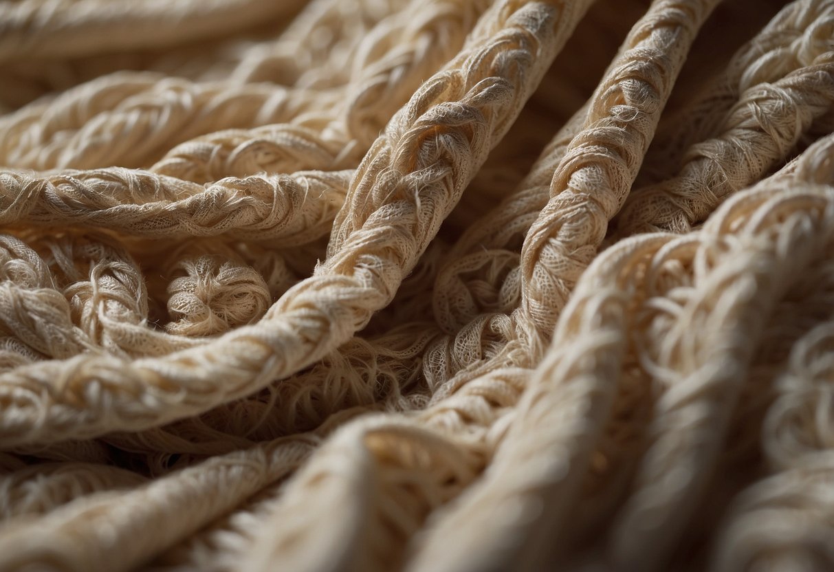 A close-up of bouclé fabric texture with intricate loops and curls, showcasing its unique and tactile qualities