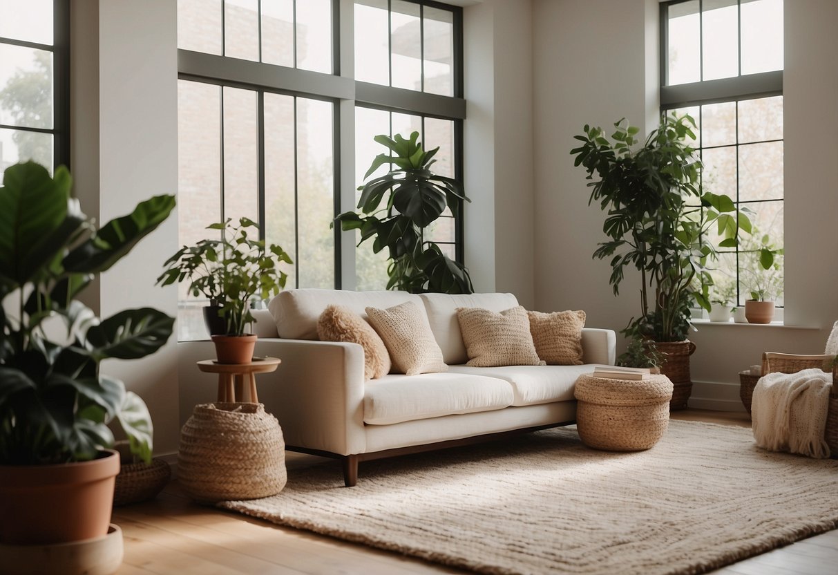 A cozy living room with a bouclé fabric sofa, soft throw pillows, and a warm, textured rug. Subtle natural light and potted plants add a touch of organic charm to the space