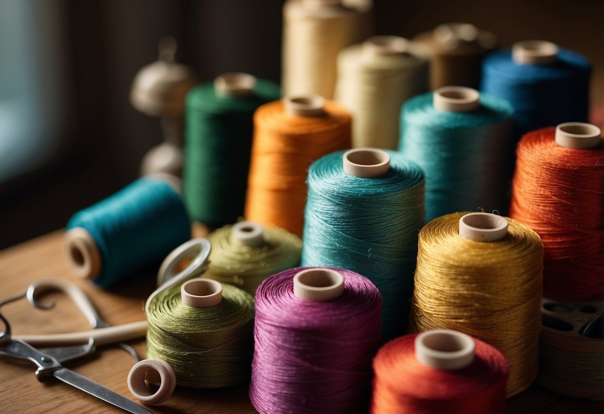 A colorful bouclé fabric draped over a tailor's table with spools of thread and scissors nearby