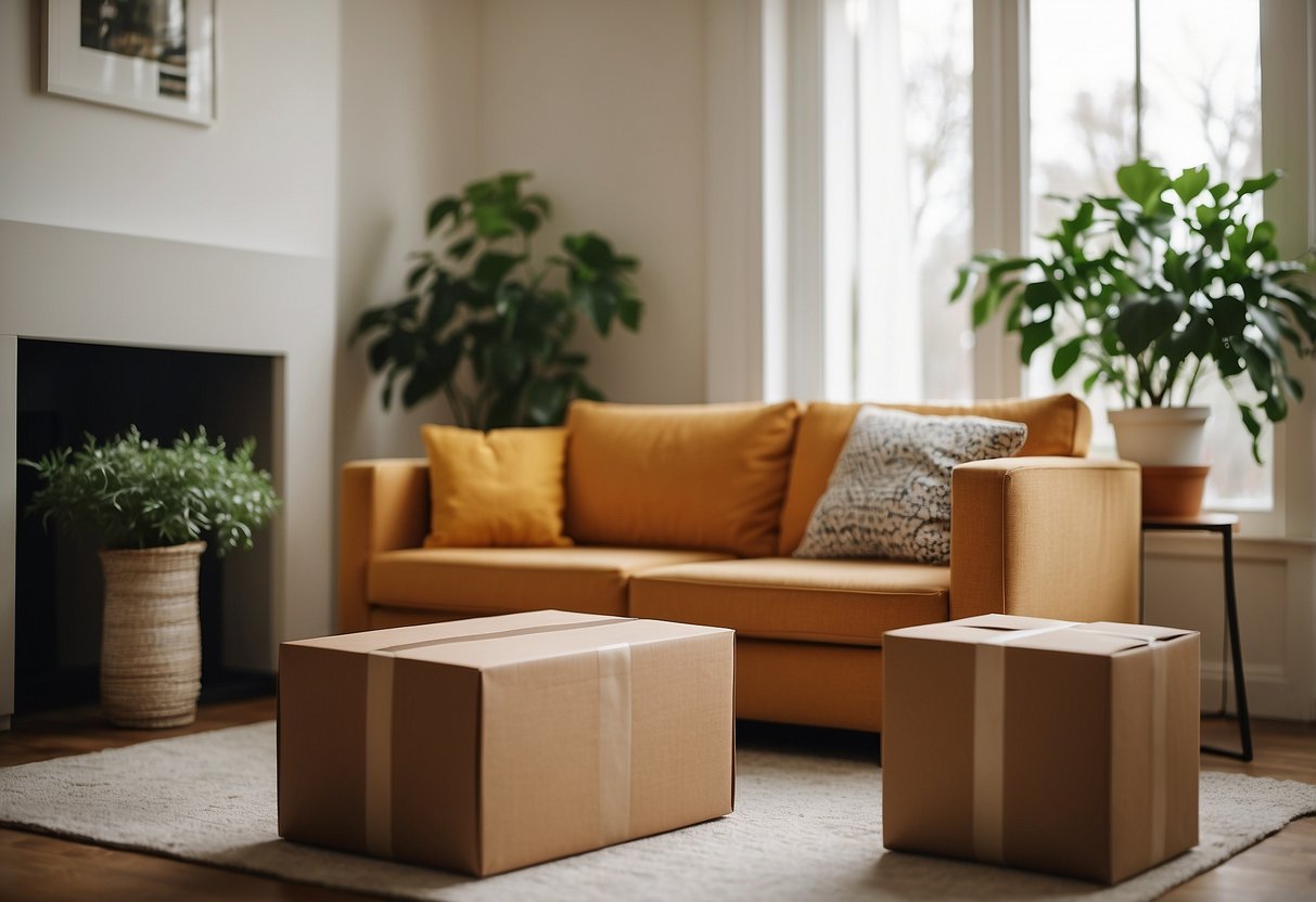 A sofa in a box sits unopened in a bright, tidy living room