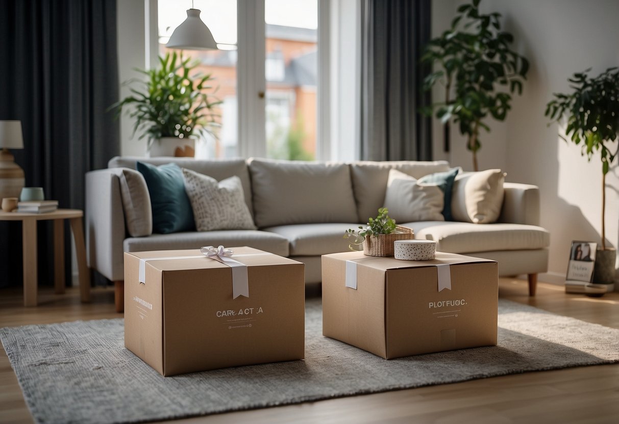 A neatly packaged sofa in a box, surrounded by happy customers enjoying its comfort and convenience in their living rooms