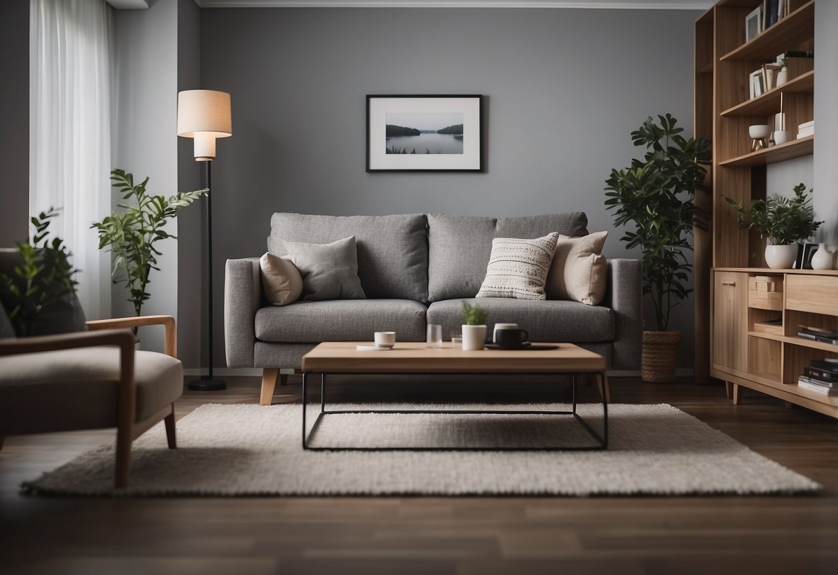 A living room with a compact, boxed sofa being unboxed and assembled, showcasing ease and convenience