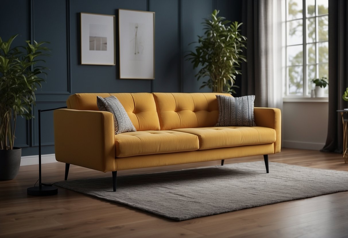 A sturdy sofa in a box, labeled "Qualidade e Durabilidade," sits in a modern living room, surrounded by sleek furniture and vibrant decor