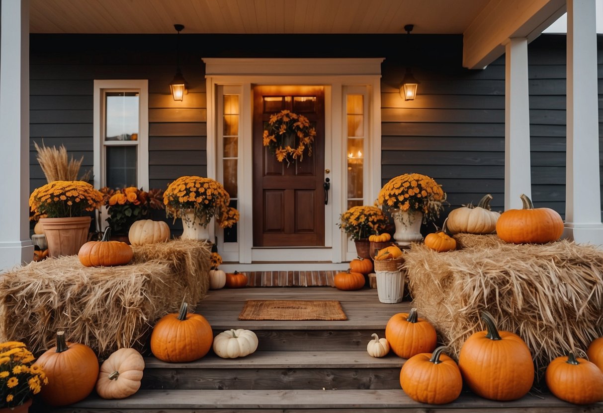 A cozy front porch adorned with pumpkins, cornstalks, and autumn wreaths. A rustic wooden bench sits next to a stack of hay bales, while string lights add a warm glow to the scene