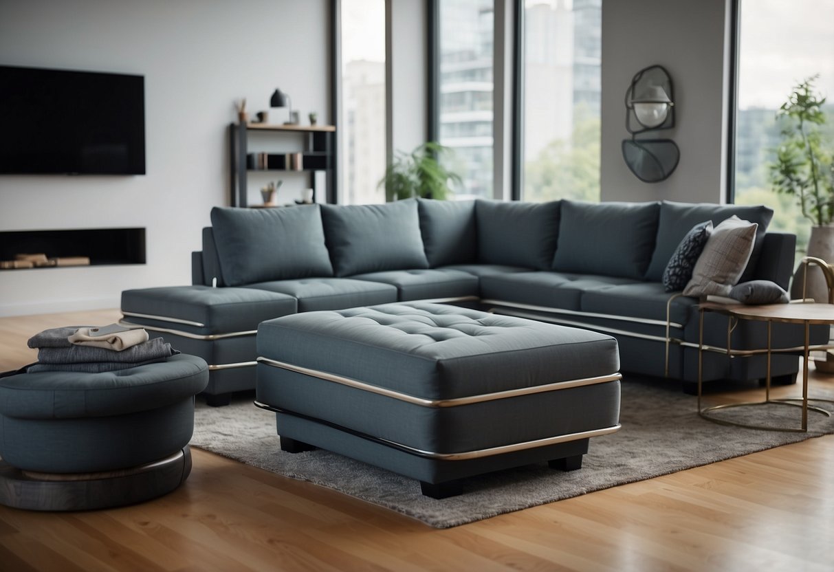 A modular sofa is being assembled, with detachable parts connecting to form different configurations