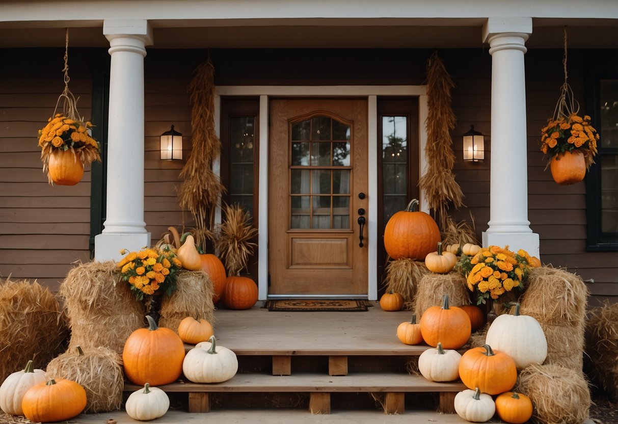 A rustic front porch adorned with a stack of hay bales, surrounded by pumpkins, gourds, and autumn foliage