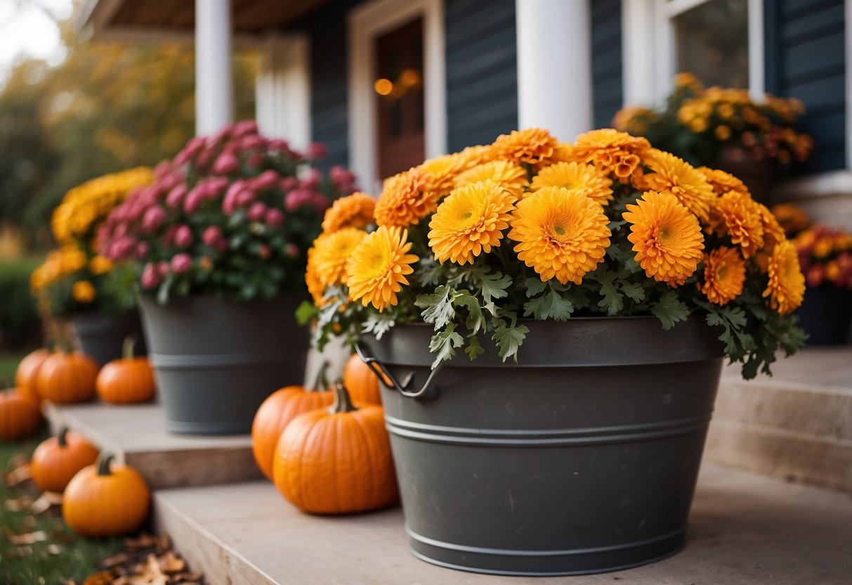 Colorful mums fill decorative buckets on a cozy fall front porch. Pumpkins and gourds add to the festive decor