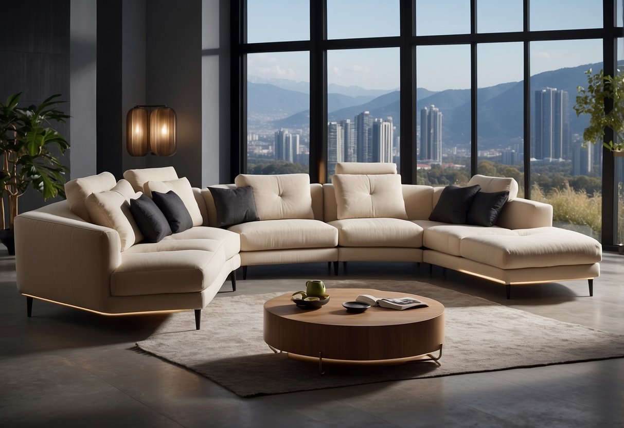 A modular sofa with detachable sections, rearranged into various configurations. Comfortable cushions and sleek design