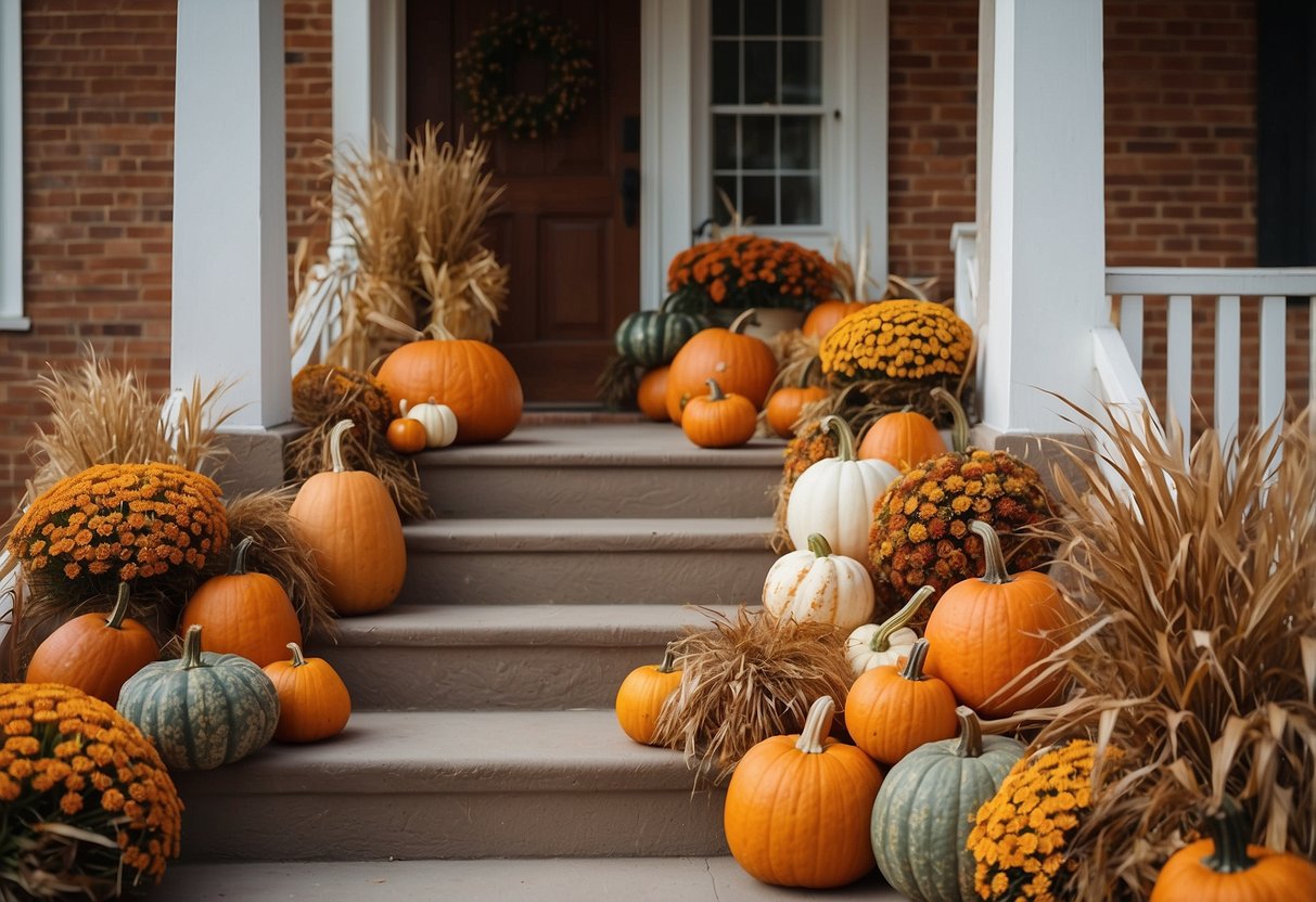 Cornstalk bundles arranged on a front porch, surrounded by pumpkins, gourds, and autumn foliage
