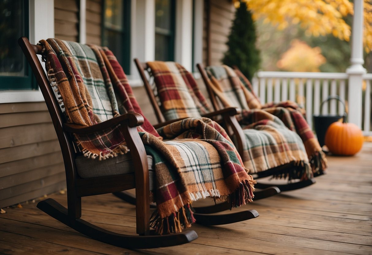 Plaid blankets drape over rocking chairs on a cozy fall porch