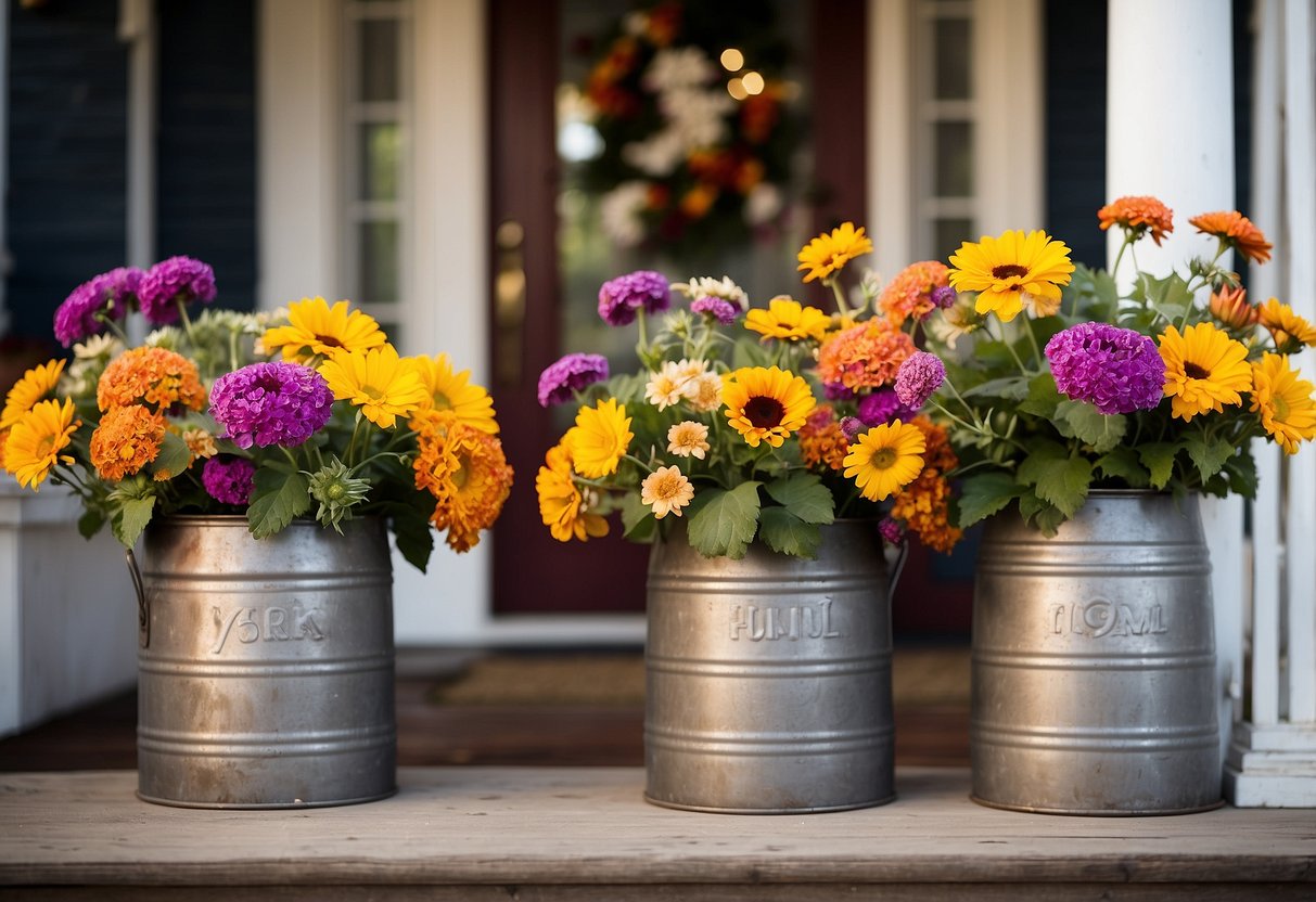 Rustic milk cans filled with vibrant fall flowers adorn a vintage front porch, creating a charming and nostalgic atmosphere
