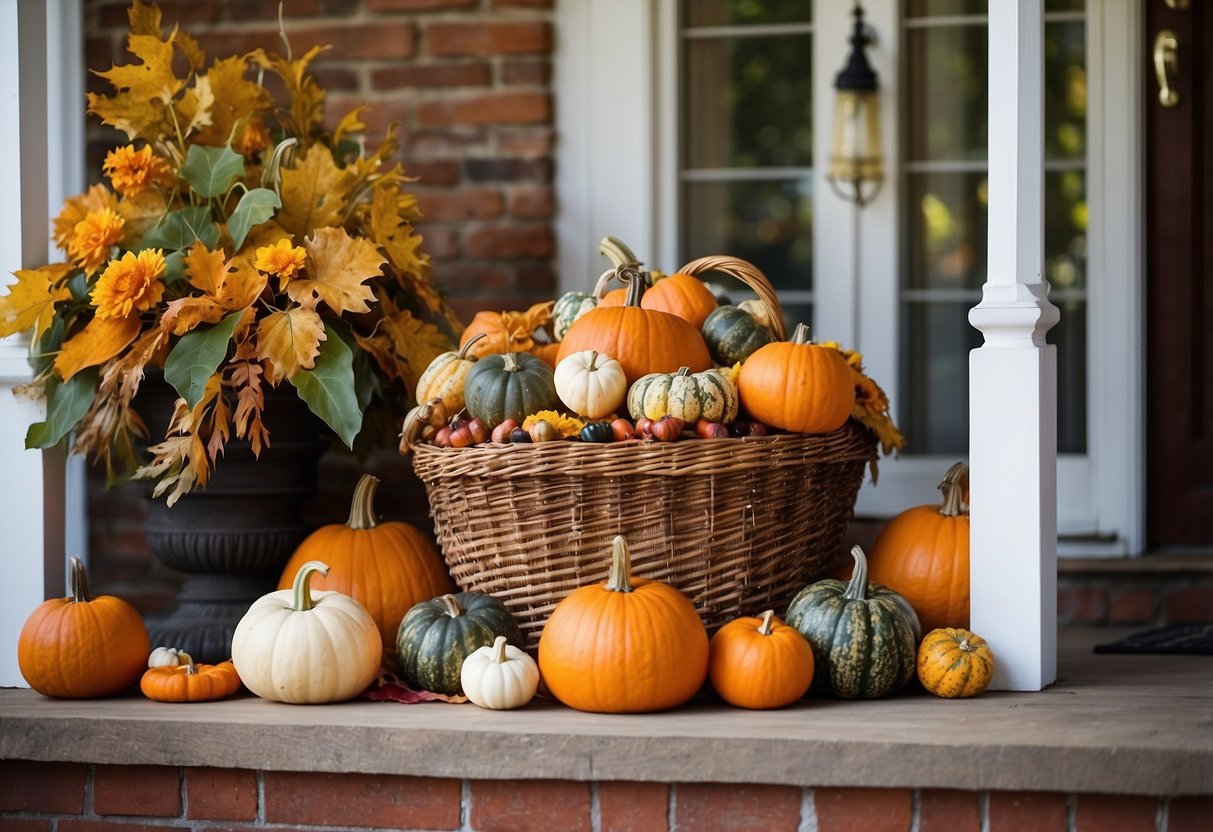 A wicker harvest basket overflowing with pumpkins, gourds, and fall foliage sits on a rustic front porch, surrounded by autumn-themed decor