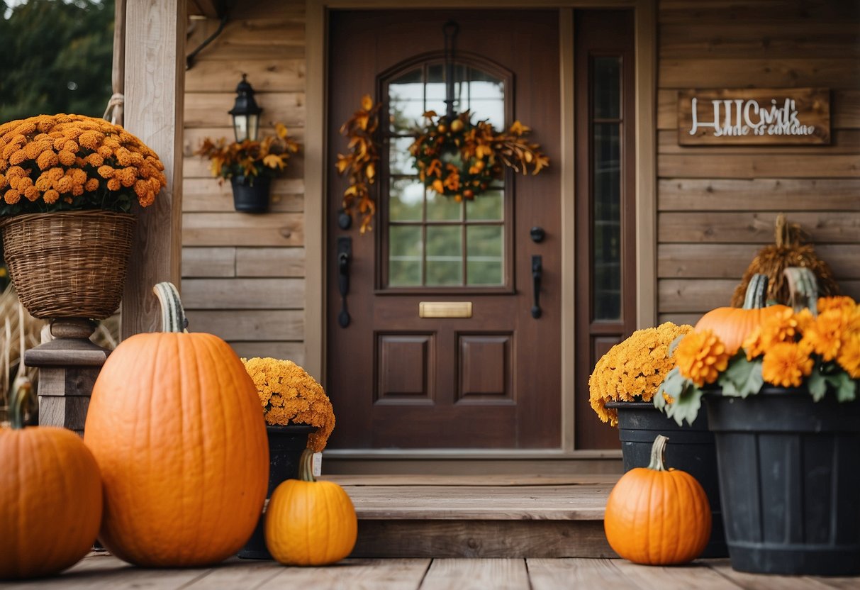 A "Home Sweet Home" wooden sign hangs on a rustic front porch, surrounded by pumpkins, hay bales, and autumn foliage