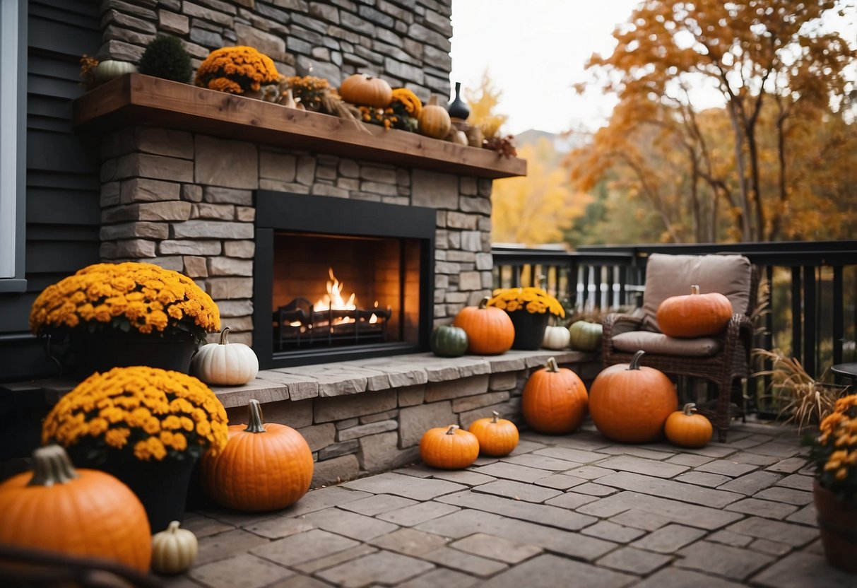 A cozy outdoor fireplace surrounded by pumpkins, fall leaves, and warm blankets on a front porch