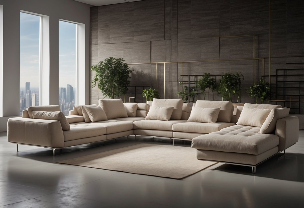 A modular sofa with adjustable backrests and detachable cushions, arranged in various configurations to fit different living spaces